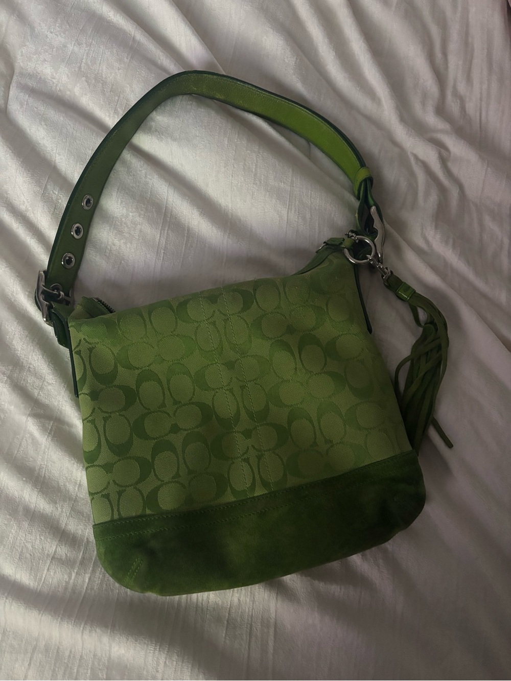 Coach Green Signature Shoulder Bag with Tassel